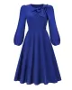 Asymmetric Bowknot Elasticity Solid Color A-Line Long Sleeves Round-Neck Midi Dresses