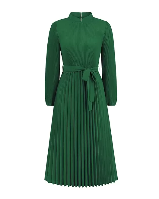 Hollow Pleated Solid Color Tied Waist Bishop Sleeve High Waisted Mock Neck Midi Dresses