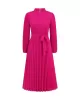 Hollow Pleated Solid Color Tied Waist Bishop Sleeve High Waisted Mock Neck Midi Dresses