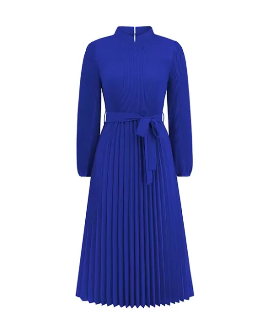 Hollow Pleated Solid Color Tied Waist Bishop Sleeve High Waisted Mock Neck Midi Dresses