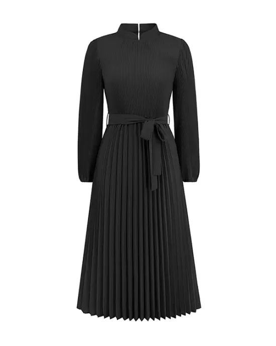 Hollow Pleated Solid Color Tied Waist Bishop Sleeve High Waisted Mock Neck Midi Dresses