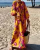 Flower Print Pockets Tied Waist A-Line Long Sleeves V-Neck Maxi Dresses