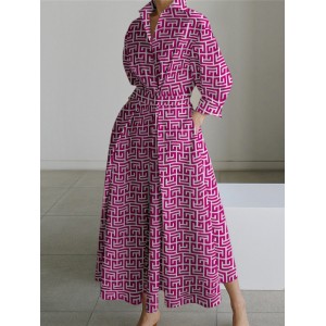 Pleated Printed Tied Waist Long Sleeves Loose Lapel Shirt Dress