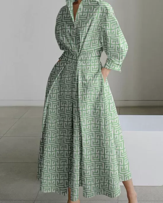 Pleated Printed Tied Waist Long Sleeves Loose Lapel Shirt Dress