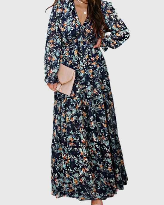 Flower Print Pleated Ruffled High Waisted Long Sleeves V-Neck Maxi Dresses