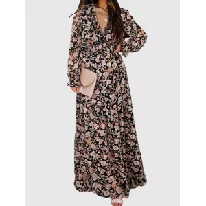 Flower Print Pleated Ruffled High Waisted Long Sleeves V-Neck Maxi Dresses