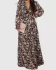 Flower Print Pleated Ruffled High Waisted Long Sleeves V-Neck Maxi Dresses