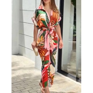 Buttoned Printed Tied Waist High Waisted Short Sleeves Lapel Shirt Dress Maxi Dresses