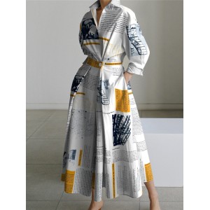 Long Sleeves Loose Newspaper Print Pleated Tied Waist Lapel Midi Dresses Shirt Dress