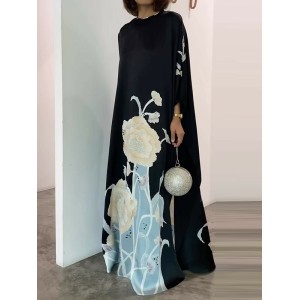 Cap Sleeve Loose Printed Round-Neck Maxi Dresses