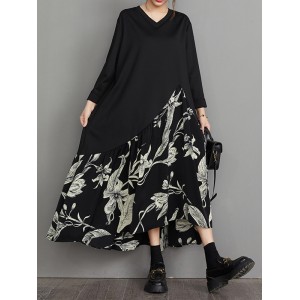 Asymmetric Flower Print Split-Joint A-Line High-Low V-Neck Midi Dresses