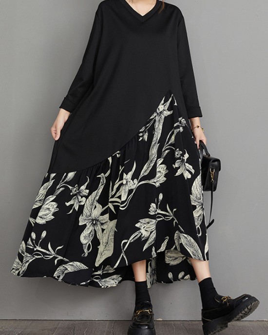 Asymmetric Flower Print Split-Joint A-Line High-Low V-Neck Midi Dresses