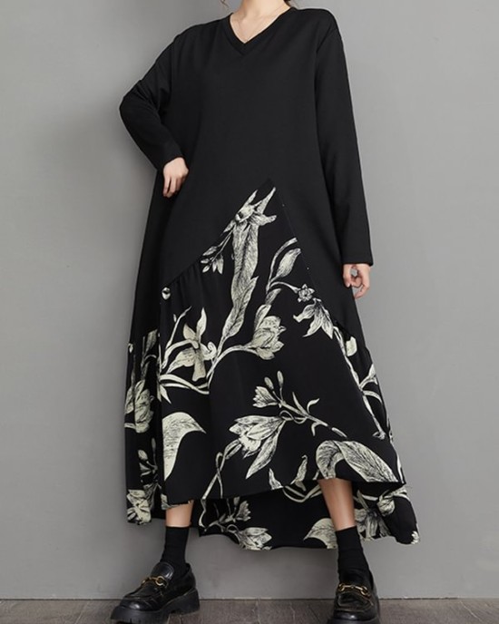 Asymmetric Flower Print Split-Joint A-Line High-Low V-Neck Midi Dresses