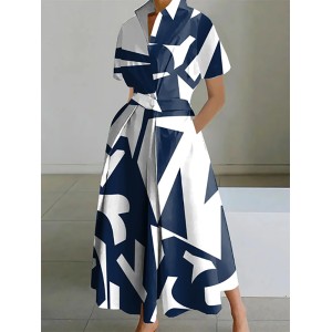 Short Sleeves Printed Lapel Maxi Dresses