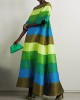 Flared Sleeves Half Sleeves Backless Contrast Color Multi-Colored Striped Round-neck Maxi Dresses