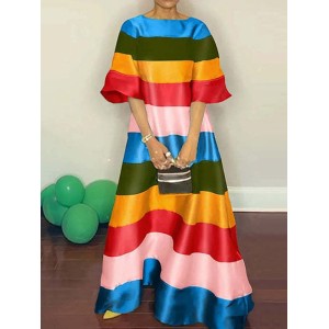 Flared Sleeves Half Sleeves Backless Contrast Color Multi-Colored Striped Round-neck Maxi Dresses