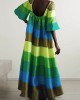 Flared Sleeves Half Sleeves Backless Contrast Color Multi-Colored Striped Round-neck Maxi Dresses