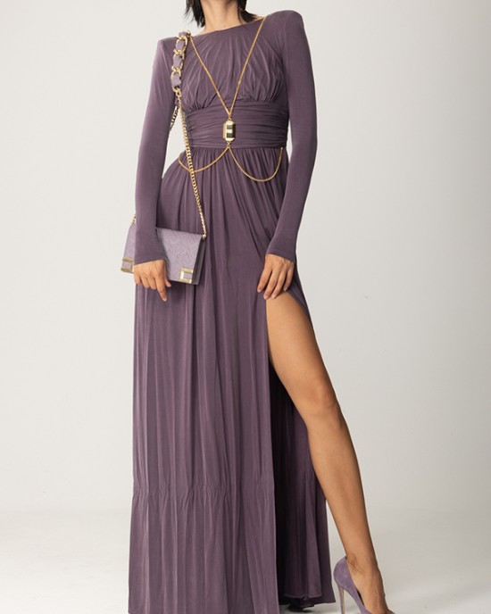 Long Sleeves Backless No Body Chain Pleated Solid Color Tied Waist Maxi Dresses