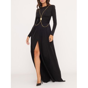 Long Sleeves Backless No Body Chain Pleated Solid Color Tied Waist Maxi Dresses