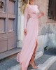 Long Sleeves Backless No Body Chain Pleated Solid Color Tied Waist Maxi Dresses