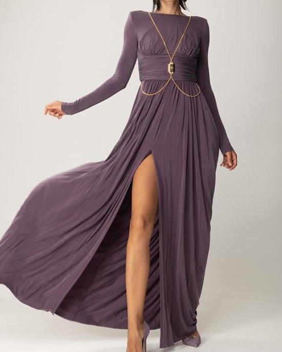 Long Sleeves Backless No Body Chain Pleated Solid Color Tied Waist Maxi Dresses