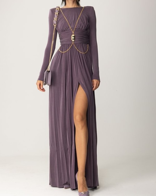 Long Sleeves Backless No Body Chain Pleated Solid Color Tied Waist Maxi Dresses