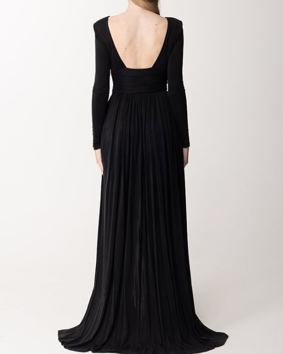 Long Sleeves Backless No Body Chain Pleated Solid Color Tied Waist Maxi Dresses