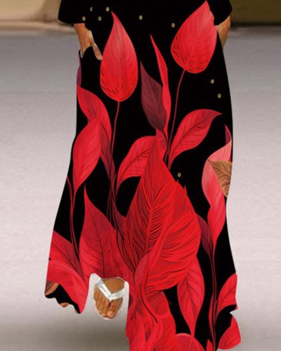 Contrast Color Printed Split-Joint Long Sleeves Loose V-Neck Maxi Dresses