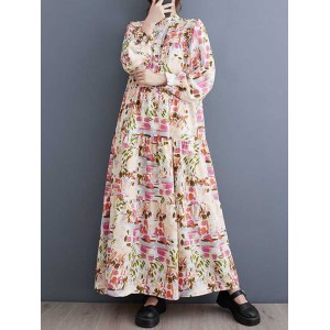 Pleated Printed Split-Joint Long Sleeves Loose Stand Collar Shirt Dress Midi Dresses