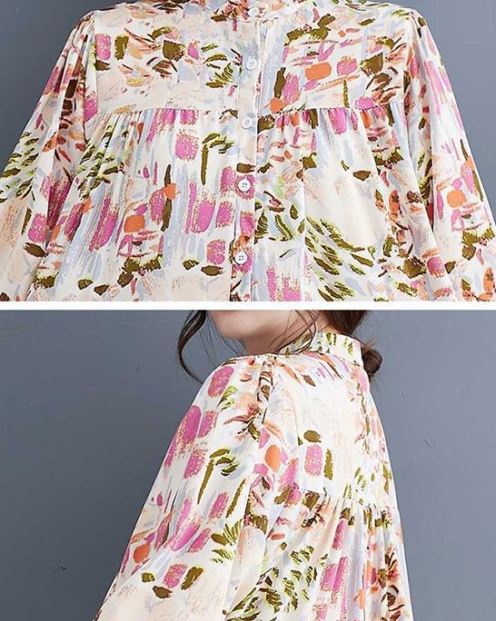 Pleated Printed Split-Joint Long Sleeves Loose Stand Collar Shirt Dress Midi Dresses