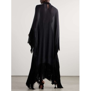 Batwing Sleeves Loose See-Through Solid Color Tasseled Mock Neck Maxi Dresses