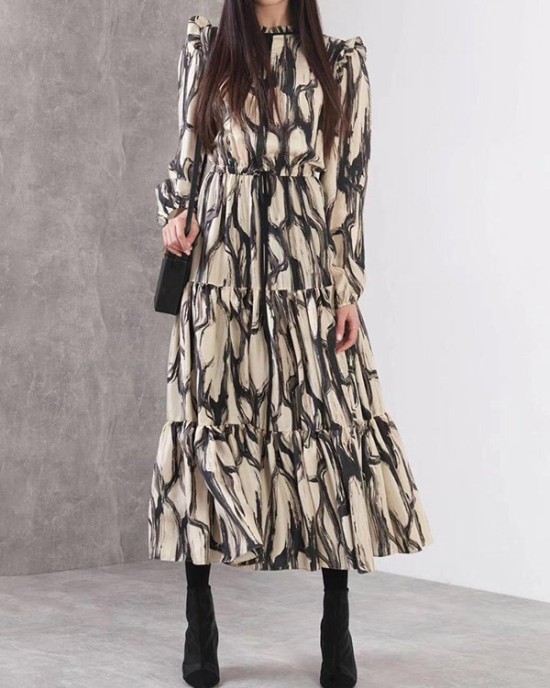 Elasticity Hollow Printed Split-Joint Tied Long Sleeves Loose Mock Neck Midi Dresses