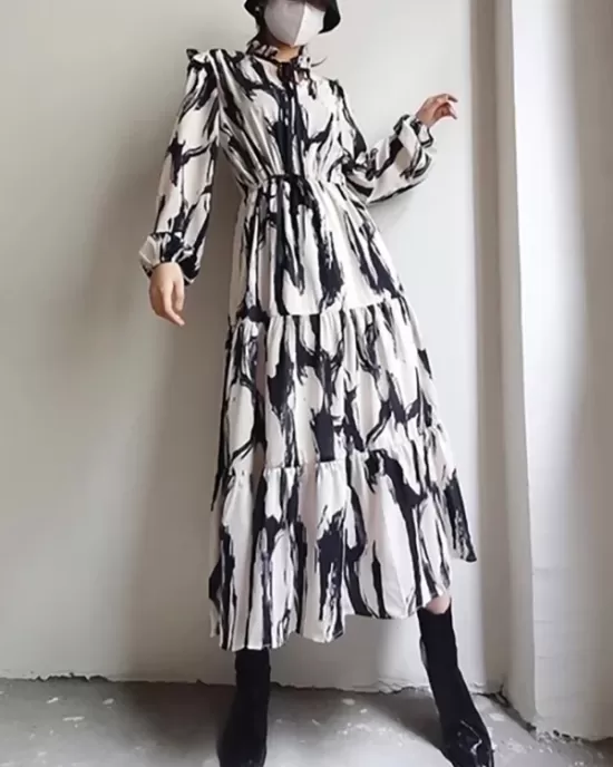 Elasticity Hollow Printed Split-Joint Tied Long Sleeves Loose Mock Neck Midi Dresses