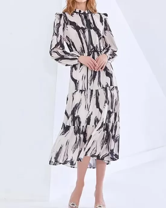 Elasticity Hollow Printed Split-Joint Tied Long Sleeves Loose Mock Neck Midi Dresses