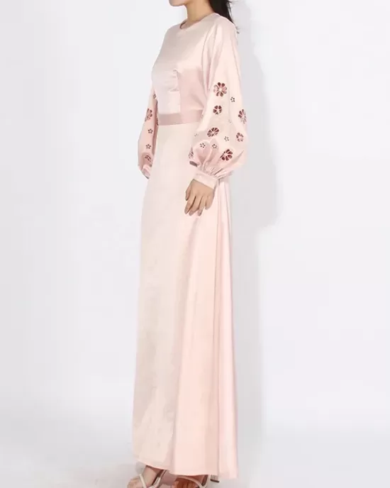 Hollow Solid Color A-Line Long Sleeves Round-Neck Maxi Dresses