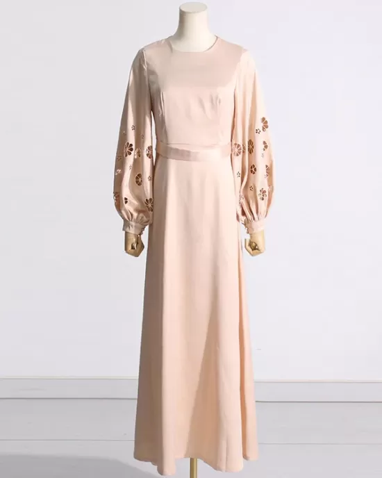 Hollow Solid Color A-Line Long Sleeves Round-Neck Maxi Dresses