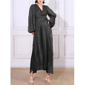 Belted Pleated Solid Color High Waisted Long Sleeves V-Neck Maxi Dresses