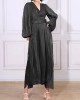 Belted Pleated Solid Color High Waisted Long Sleeves V-Neck Maxi Dresses