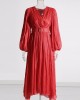 Belted Pleated Solid Color High Waisted Long Sleeves V-Neck Maxi Dresses