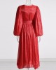 Belted Pleated Solid Color High Waisted Long Sleeves V-Neck Maxi Dresses