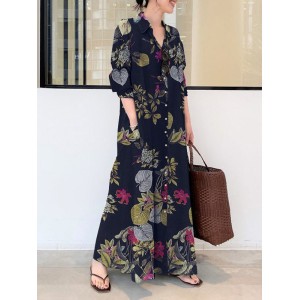 Printed Split-Joint Loose Plus Size Lapel Shirt Dress Maxi Dresses