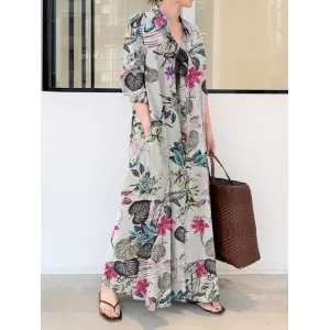 Printed Split-Joint Loose Plus Size Lapel Shirt Dress Maxi Dresses