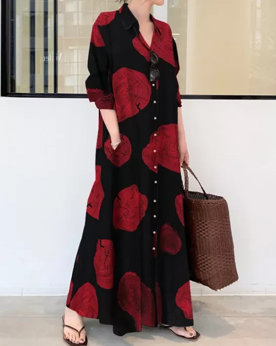 Printed Split-Joint Long Sleeves Loose Lapel Shirt Dress Maxi Dresses