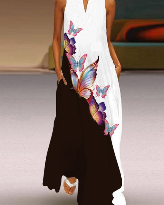 Butterfly Print A-Line Loose Round-Neck Maxi Dresses