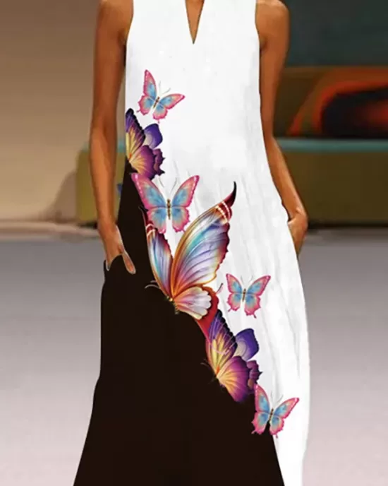 Butterfly Print A-Line Loose Round-Neck Maxi Dresses