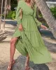 Elasticity Solid Color Split-Joint A-Line Long Sleeves V-Neck Maxi Dresses