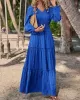 Elasticity Solid Color Split-Joint A-Line Long Sleeves V-Neck Maxi Dresses