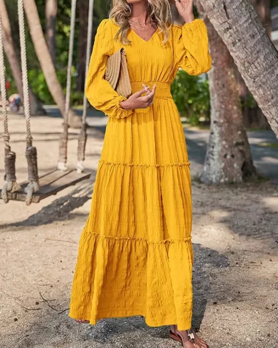 Elasticity Solid Color Split-Joint A-Line Long Sleeves V-Neck Maxi Dresses