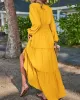 Elasticity Solid Color Split-Joint A-Line Long Sleeves V-Neck Maxi Dresses