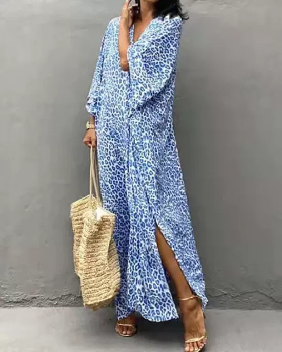 Leopard Split-Side Sun Protection Batwing Sleeves Loose V-Neck Maxi Dresses Cover-Ups Swimwear